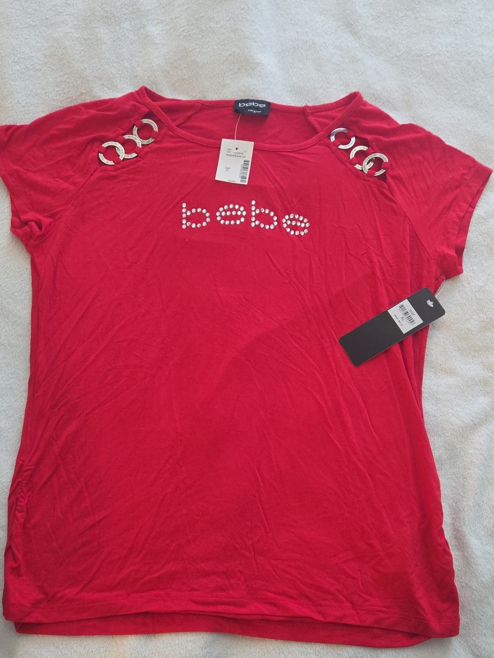 bebe Red Short-Sleeve Logo Tee with Silver Ring Accents